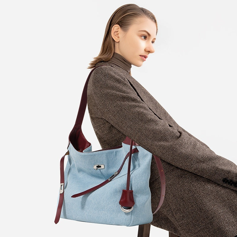 Top Layer Rindsleder mit Denim Fashion All-Match-Umhängetasche mit großer Kapazität